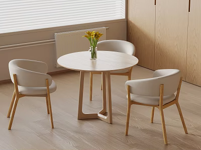 Minimalist Dining Area With Round Table Three Chairs Yellow Flowers Vase Wooden Cabinets And Blinds 3d model