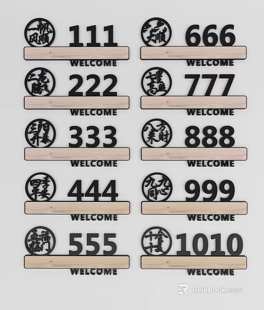 Wooden Welcome Signs With Chinese Symbols And Numbers 222 777 333 888 3d model 