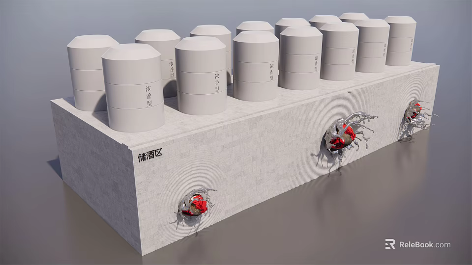 White Cylindrical Tanks On Gray Industrial Equipment Testing Base With Red Components 3d model