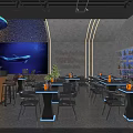 Modern Bar Interior With Whale Mural Neon Sign Tables And Decorative Lighting