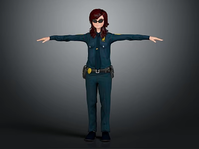 3D Model of Female Police Officer in Dark Blue Uniform With Sunglasses and Outstretched Arms 3d model