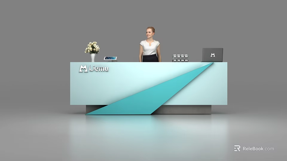 Modern Reception Desk with Geometric Design Midea Logo Flower Vase Tablet Laptop and Receptionist 3d model 