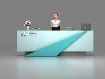 Modern Reception Desk with Geometric Design Midea Logo Flower Vase Tablet Laptop and Receptionist 3d model