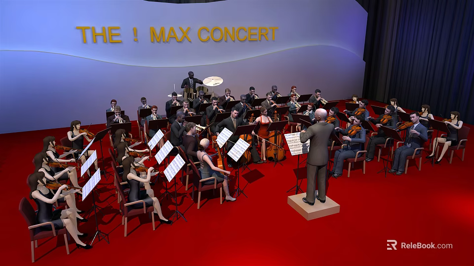 Orchestra Members And Conductor Performing At The 1 Max Concert On Red Carpet Stage 3d model 