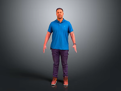 A Man Standing in Gray Background Wearing Blue Polo Shirt Purple Pants and Brown Shoes 3d model