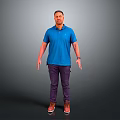 A Man Standing in Gray Background Wearing Blue Polo Shirt Purple Pants and Brown Shoes