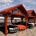 Chinese Style Wooden Parking Lot With Red Roof Openwork And Luxury Cars