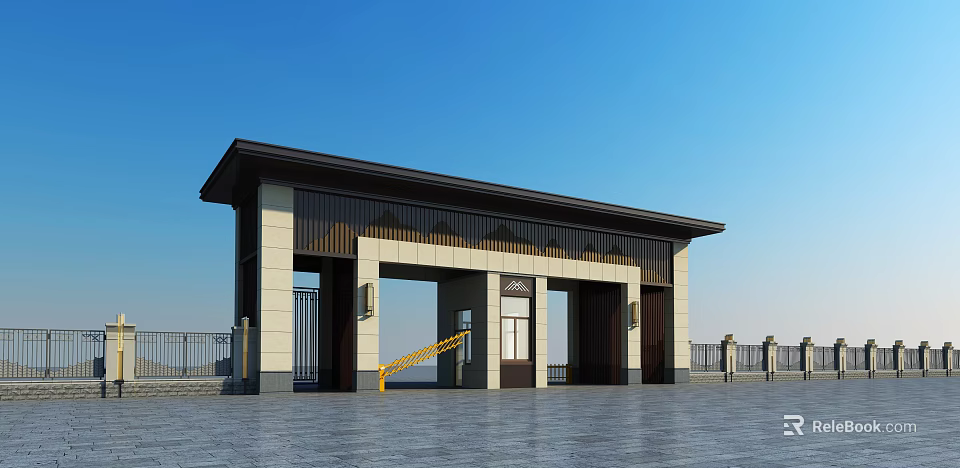 Modern Gate Design With Stone Walls Metal Doors And Decorative Roof Structure 3d model 