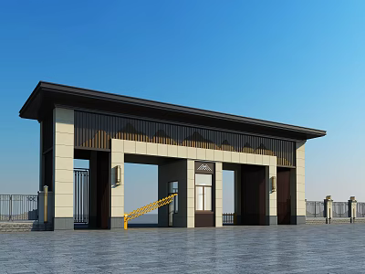 Modern Gate Design With Stone Walls Metal Doors And Decorative Roof Structure 3d model