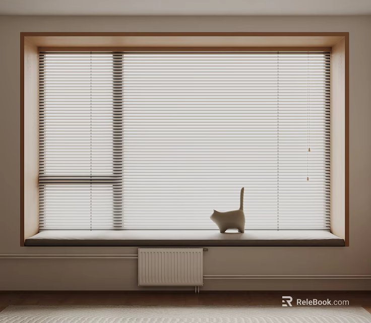 Bay Window With Wooden Frame White Blinds Cat Figurine On Sill And Radiator Below 3d model 