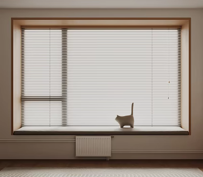 Bay Window With Wooden Frame White Blinds Cat Figurine On Sill And Radiator Below 3d model