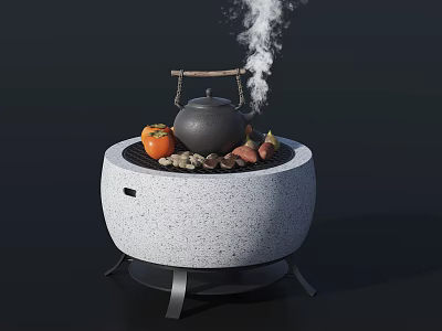 Black Teapot with Wooden Handle on Stone Base Steaming with Fruits and Stones 3d model