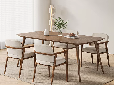 Modern Wooden Dining Table With Chairs Green Plant In Vase Tea Set Bright Interior 3d model