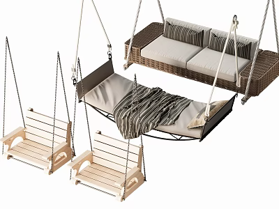 Various Outdoor Swing Chairs with Wooden and Wicker Designs Including Cushions and Pillows 3d model