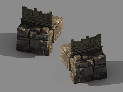 Antique Style Fence With Stone Block Base And Wooden Rail Structure 3d model