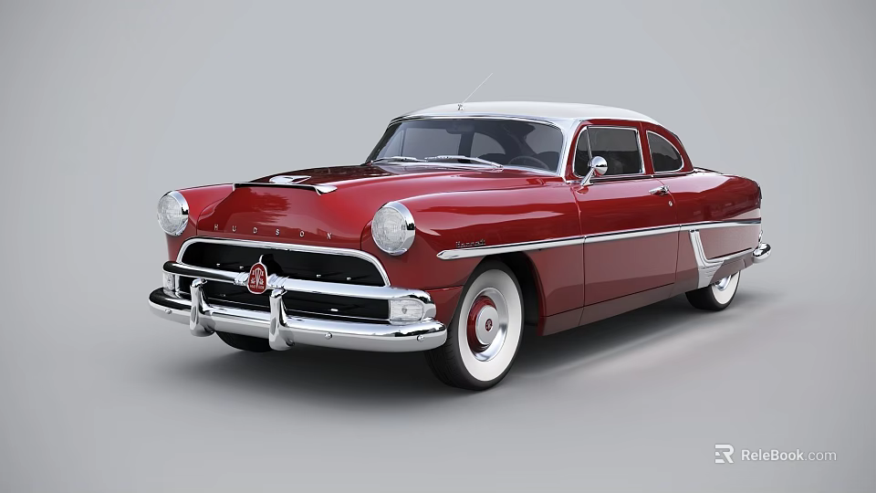 Classic Red Vintage Car With White Roof And Chrome Grille Details 3d model 