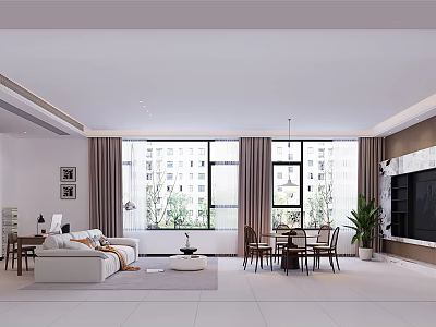 Modern Spacious Bright Open Living And Dining Room With Large Floor Windows And Comfortable Furnishings 3d model