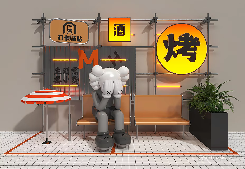 Trendy Photo Check In Spot With Kaws Figure Bench Yellow Grill Sign And Metal Frame 3d model 