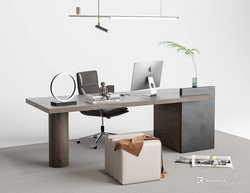 Modern Minimalist Desk Interior With Computer Lamp Plant Chair And Magazines 3d model 