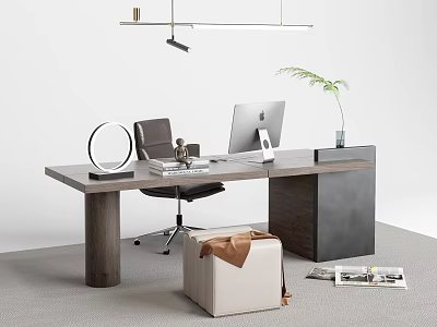 Modern Minimalist Desk Interior With Computer Lamp Plant Chair And Magazines 3d model