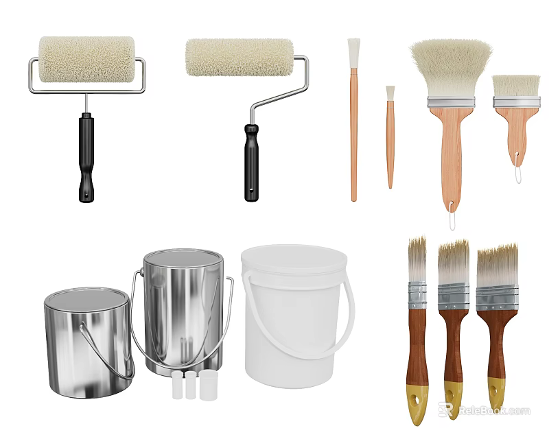 Practical Household Supplies Including Paint Rollers Brushes Metal And Plastic Buckets For DIY 3d model 