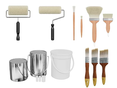Practical Household Supplies Including Paint Rollers Brushes Metal And Plastic Buckets For DIY 3d model