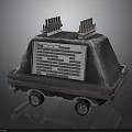 Metallic Exterior Vehicle With Top Mounted Structures Central Grid Panel And Wheels