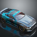 Silver Sports Car With Blue Geometric Pattern Sleek Design And Black Alloy Wheels