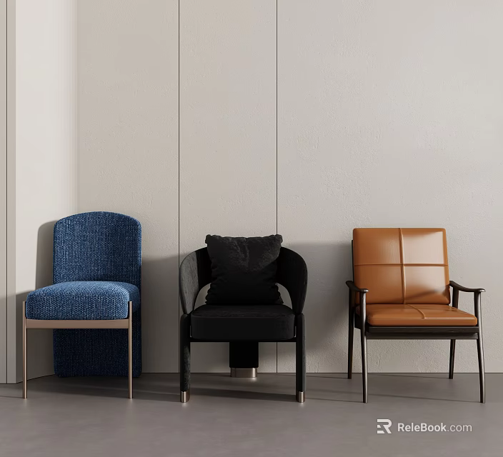 Modern Single Chairs Featuring Blue Fabric Black Cushioned Brown Leather With Metal Frame Design 3d model 