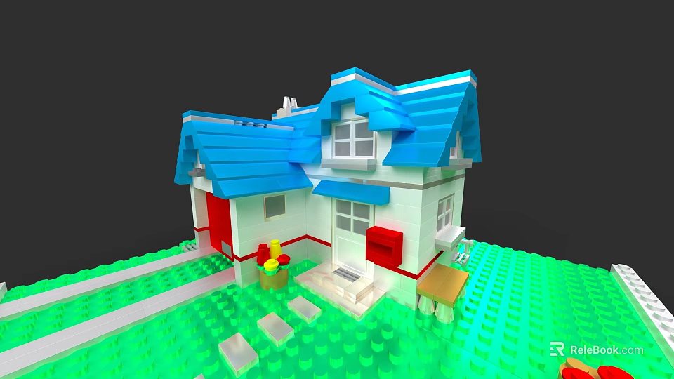 Building Blocks House With Blue Roof White Walls Red Door And Green Lawn 3d model 