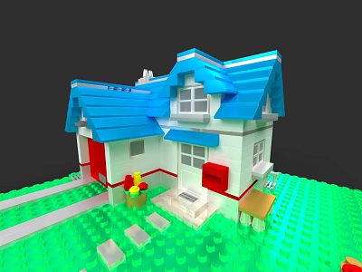 Building Blocks House With Blue Roof White Walls Red Door And Green Lawn 3d model