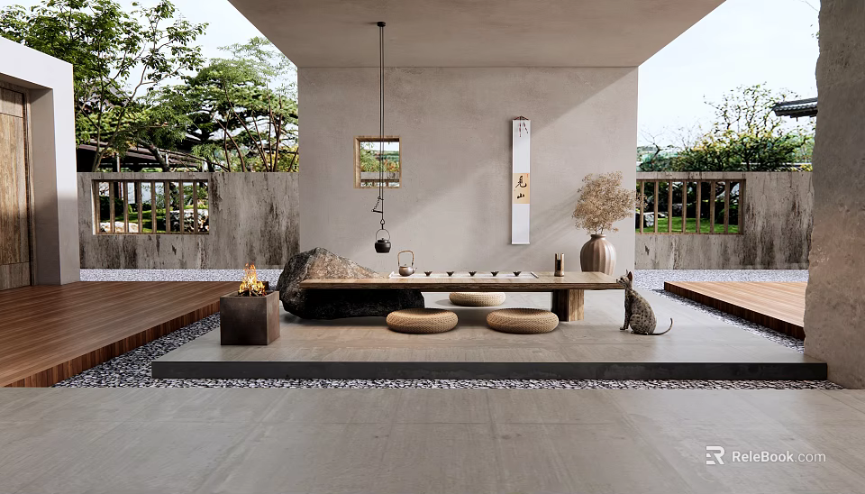 Tranquil Tea House Design With Wooden Tea Table Cushions Natural Scenery And Decorative Art 3d model 