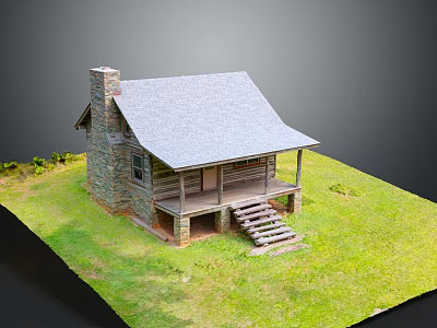 Cartoon Log Cabin Scene With Gray Roof Stone Chimney Wooden Porch Steps And Green Grass 3d model