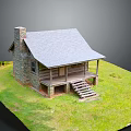 Cartoon Log Cabin Scene With Gray Roof Stone Chimney Wooden Porch Steps And Green Grass