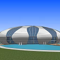 Unique Blue White Dome Structure With Surrounding Water Green Landscape And Pedestrian Paths