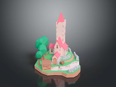 Low Poly Castle Model With Pink Tower Roof Green Trees Path And Fence 3d model