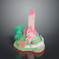 Low Poly Castle Model With Pink Tower Roof Green Trees Path And Fence