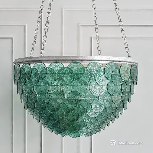 Layered Green Glass Disc Chandelier with Metal Frame Hanging on White Wall 3d model 
