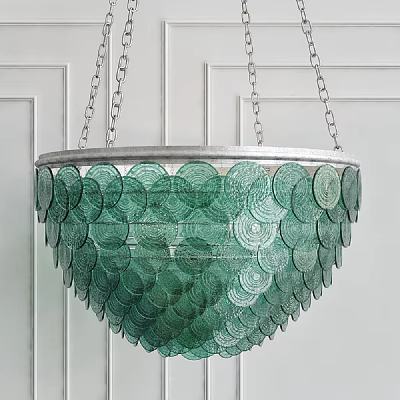 Layered Green Glass Disc Chandelier with Metal Frame Hanging on White Wall 3d model