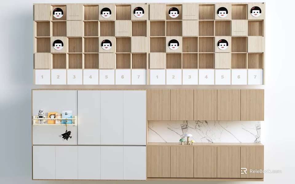Modern Open Cube Bookshelf With Cartoon Decorations Number Labels And Storage Cabinets 3d model 