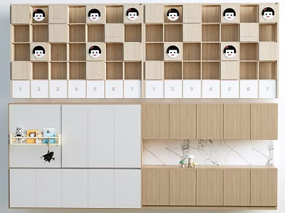 Modern Open Cube Bookshelf With Cartoon Decorations Number Labels And Storage Cabinets 3d model