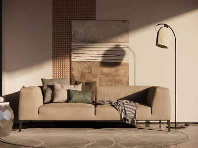 Modern Beige Two Seater Sofa with Decorative Pillows Cozy Throw Blanket and Abstract Wall Art 3d model