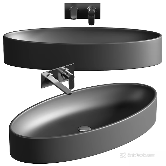Modern Black Oval Countertop Wash Basin With Sleek Design And Faucet 3d model 