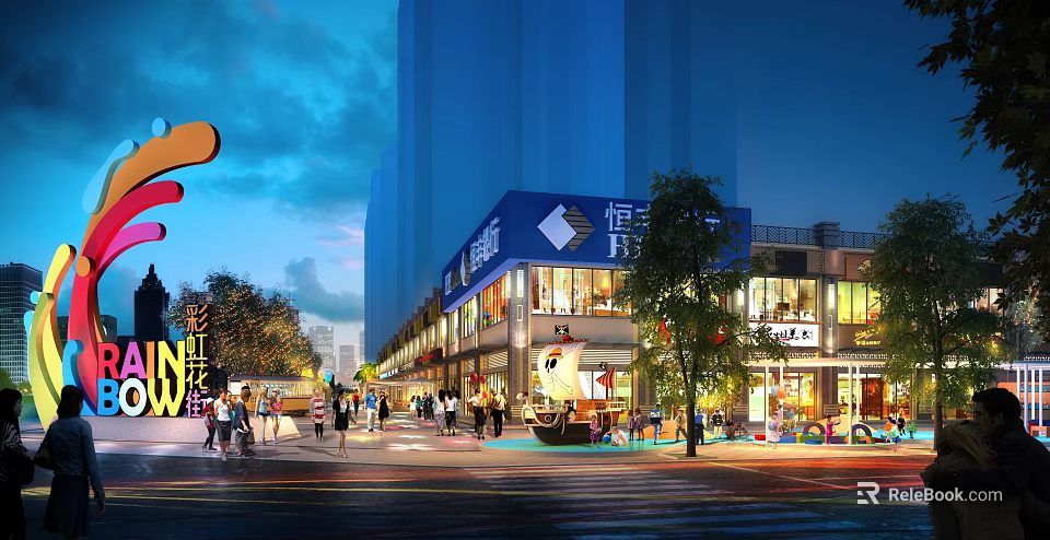 Commercial Street Evening Scene With Illuminated Shops Pedestrians Decorative Trees And Tall Buildings 3d model 