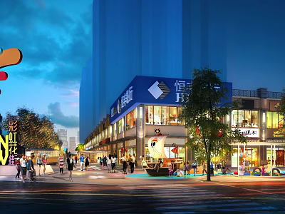 Commercial Street Evening Scene With Illuminated Shops Pedestrians Decorative Trees And Tall Buildings 3d model