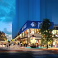Commercial Street Evening Scene With Illuminated Shops Pedestrians Decorative Trees And Tall Buildings