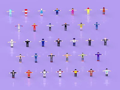 Game And Movie Characters In Various Colors And Costumes Standing On Purple Background 3d model