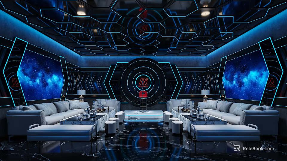 Modern KTV Interior Design With Starry Sky Background Blue Lighting And Comfortable Sofas 3d model 