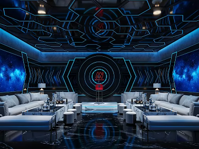 Modern KTV Interior Design With Starry Sky Background Blue Lighting And Comfortable Sofas 3d model