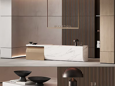 Elegant Modern Reception Desk With Marble Countertop And Wooden Slat Wall Decor 3d model